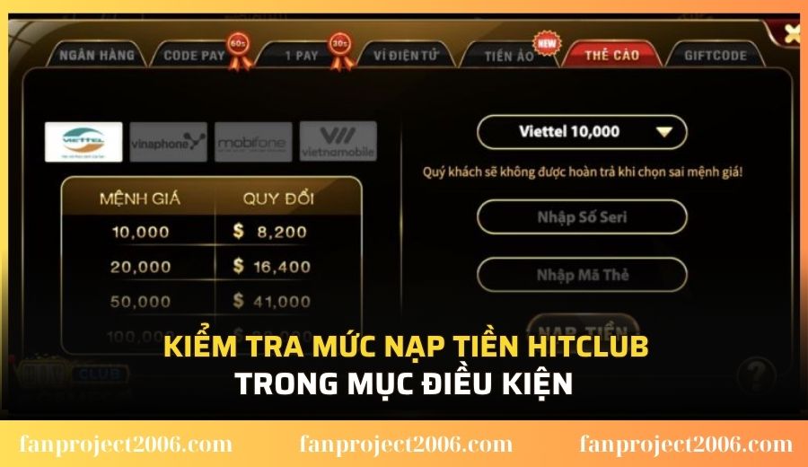 Kiểm tra mức nạp tiền Hitclub trong mục điều kiện